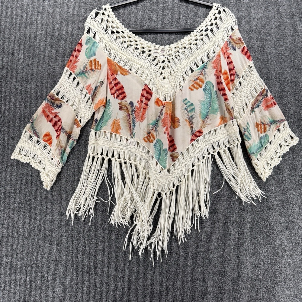 Kamana Top Womens M Cream Feathers Fringe Boho Cottagecore Prairie Western Gypsy